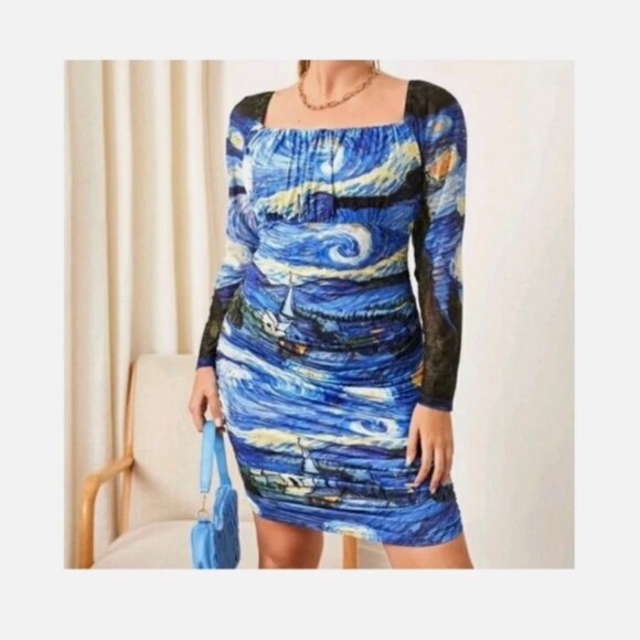 SHEIN Dresses & Skirts - Shein Starry Night Long Sleeve Dress with Ruching Size 2XL